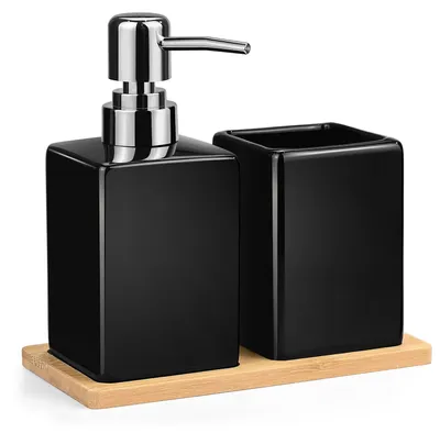 Imagen del producto de Juego de accesorios para baño, cerámica, de 3 piezas, que incluye dispensador de jabón, soporte para cepillos de dientes y bandeja de bambú, color