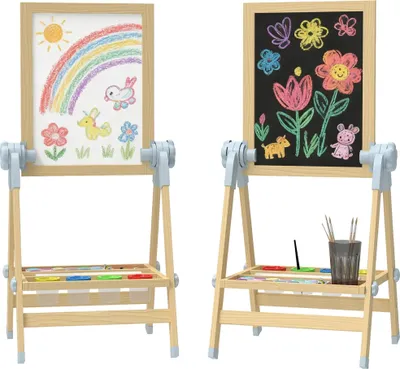Produktbild von Kinderstaffelei - Zeichentafel - Magnetisches Whiteboard - Höhenverstellbar 70–97 cm - Neigungsverstellbar - Papierrolle - Ablagefach - Holz - Braun