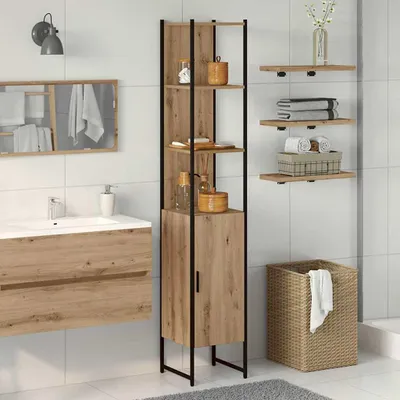 A bathroom scene with a wooden cabinet and shelves.