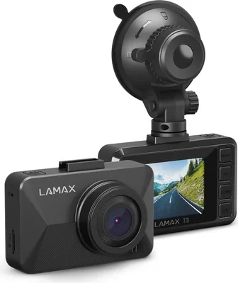A black dashcam with a suction cup mount is shown against a white background. The dashcam has a screen displaying a road scene.