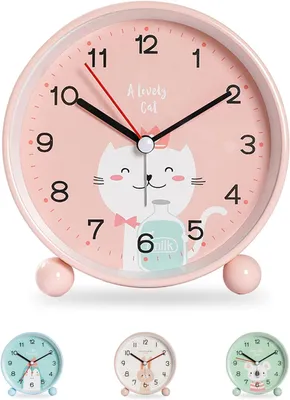 Imagen del producto de Despertador para niños, sin sonido, con diseño de gato rosa, ideal para viajes, sin tictac