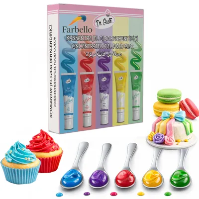 Produktbild von Farbello Gel Lebensmittelfarbe Set 5x50 ml, hochpigmentierte konzentrierte Farben für Kuchen, Fondant, Creme & Gebäck