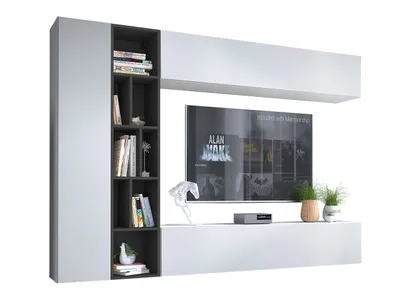 A modern white and graphite living room entertainment unit with a TV, shelves, and storage.