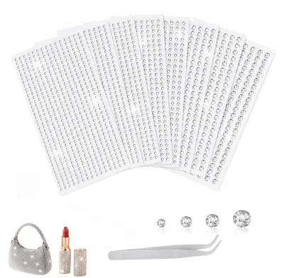 Produktbild von Glitzersteine selbstklebend - 3584 Stück auf 8 Blatt mit Pinzette - für Make-up und Basteln - Silber 3/4/5/6 mm