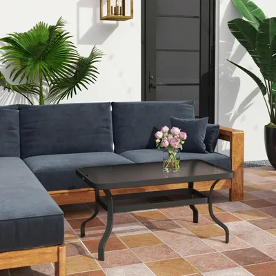 Produktbild von Gartentisch Gehärtetes Glas wetterfest, Beistelltisch Couchtisch Balkontisch, Wellendesign abgerundete Ecken, Schwarz | 95x55x46 cm | 9,8 kg