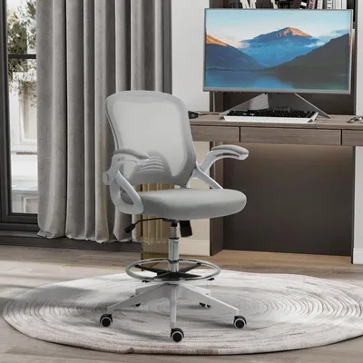 Obrázok produktu pre okwish ergonomická kancelárska stolička otočná stolička s nastaviteľným krúžkom na nohy a sklopnými podrúčkami, čalúnená stolička s funkciou hojdania, svetlo sivá