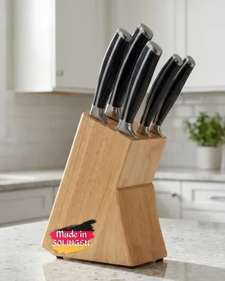 Imagen del producto de Conjunto de cuchillos de cocina GGS Solingen, 7 piezas: bloque de madera y 6 cuchillos de acero inoxidable