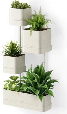 A vertical planter with multiple pots filled with plants, mounted on a white wall.