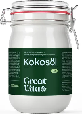 Produktbild von GreatVita Kokosöl 1000 ml, nativ und kaltgepresst | Kokosfett im Drahtbügelglas | aus biologischem Anbau