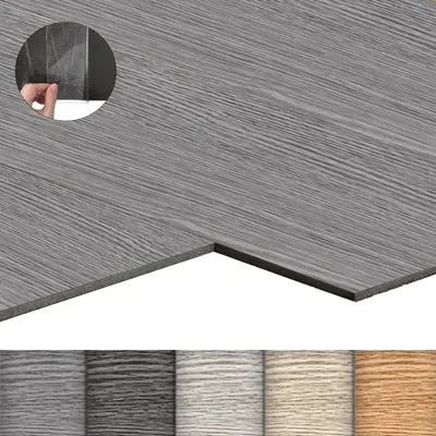 A close-up view of grey wood-effect vinyl flooring tiles, with a small inset showing a hand peeling back the protective film from one tile.