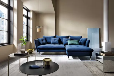 Produktbild von Eckofa L-Form Sagir - Wohnzimmersofa mit Schlaffunktion & Bettkasten - Rechts - Samtstoff (Blau - Riviera 81)