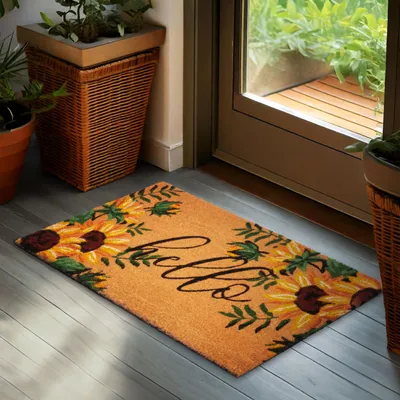 Productafbeelding van BRUBAKER deurmat "Hello" met zonnebloemen - 45x75 cm - Kokosmat voor het opvangen van vuil - Weerbestendig en antislip - Bruin