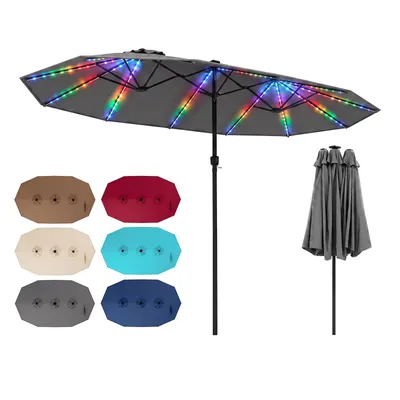 Produktbild von COSTWAY Doppel Sonnenschirm 440x260cm, Terrassenschirm mit Kurbel, LED-Solarbeleuchtung, 12 Lichtmodi & 2 Ladeoptionen, Gartenschirm, Marktschirm Grau