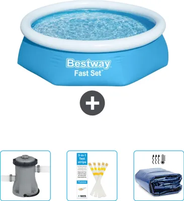 Produktbild von Bestway runder aufblasbarer Fast-Set-Pool – 244 x 61 cm – Blau – im Lieferumfang enthalten Pumpe - Teststreifen - Sonnensegel