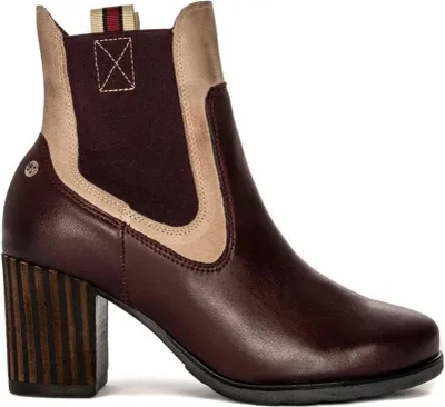 Produktbild von Chelsea-Stiefeletten aus Echtleder-Veloursleder in Burgunderrot/Hellbeige mit 7,5 cm Blockabsatz und elastischen Seiteneinsätzen