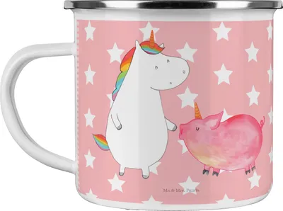 Produktbild von Mr. & Mrs. Panda Emaille Tasse Einhorn Schwein - Rot Pastell - Geschenk, Einhörner, Unicorn, Schweinchen, Becher, Pott, Kaffeepott, Freundin, Teetasse