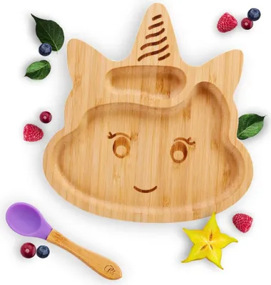 Produktbild von Kleiner Fuchs Bambus-Teller für Kinder inkl. Löffel - mit Saugnapf, Einhornmotiv