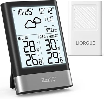 Zdjęcie produktu dla Bezprzewodowa stacja pogodowa z czujnikiem zewnętrznym, cyfrowy termometr, higrometr, zasilana bateriami, prognoza pogody, wyświetlacz czasu i budzik