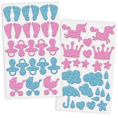 Produktbild von Moosgummi Glitter Sticker Baby, 36 Stück, sortiert in blau und rosa