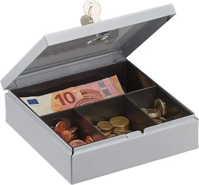 Zdjęcie produktu dla Wyściełana skrzynka na pieniądze z zamkiem i systemem do sortowania – 17 x 17 cm – szara