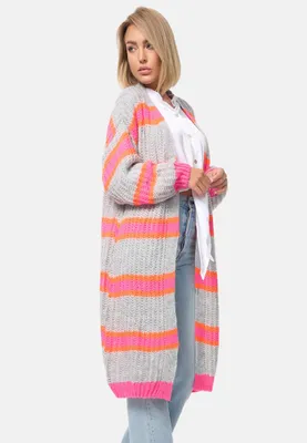 Produktbild von Rayshyne Damen Gestreifte Strickjacke Lang Kuschelige Cardigan Strick Jacke Einheitsgröße Gr. 34 - 38 Grau Pink PM02