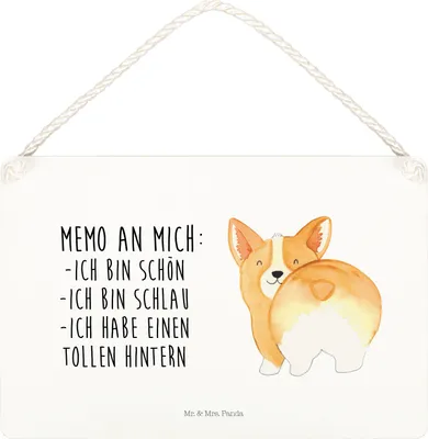 Produktbild von Mr. & Mrs. Panda Schild Corgi Po DIN A5 - Weiß - Geschenk, Positiv, kleine aufmerksamkeit, Hund, Süß, Wandbild Holz, Sprüche, Corgie, wandtafel, holzbild, Türschild