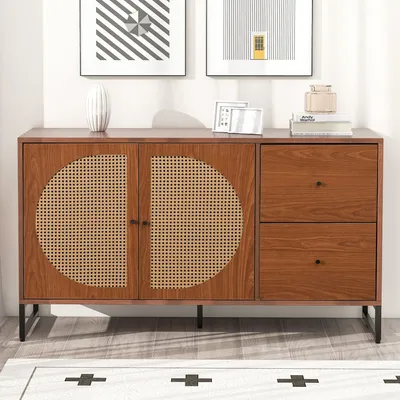 Zdjęcie produktu dla Flieks komoda z 2 drzwiczkami, kredens do salonu szafki rattanowe z 2 szufladami, komoda z regulowanymi półkami, komoda do sypialni przedpokój salon, 130*40*75cm