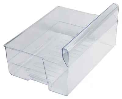 A clear, studio shot of a transparent plastic refrigerator drawer.