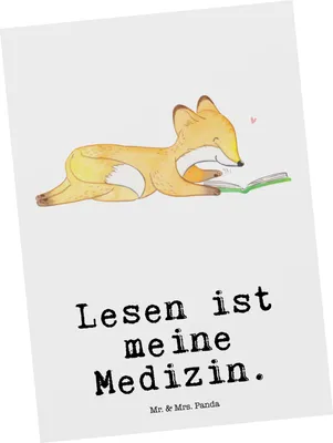 Produktbild von Mr. & Mrs. Panda Postkarte Fuchs Lesen - Weiß - Geschenk, Grußkarte, Ansichtskarten, Ansichtskarte, Bücher, Bücherwurm, bildkarte, Postkarten