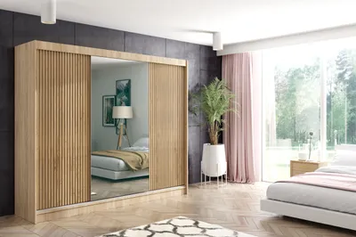 Produktbild von ALTDECOR Kleiderschrank mit Spiegel und Lamel-Schiebetüren, kugelgelagerte Führungsschienen und Aluminium-Leisten, LED-Beleuchtung und Fernbedienung - VILO - 250 cm - Sonoma Eiche/Sonoma Eiche/Lamelle Eiche Wotan