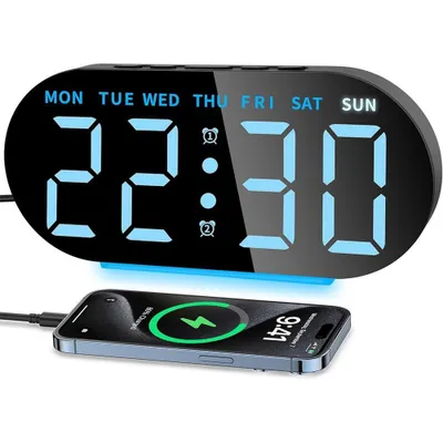 Obrázek produktu pro Budík, digitální rádiový budík, digitální budík, alarm, digitální budík, LED displej, cestovní budík, USB port pro nabíjení, dobíjecí, černý