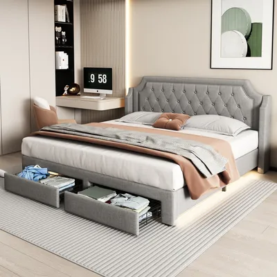 A bedroom scene with a bed, desk, and shelving unit.