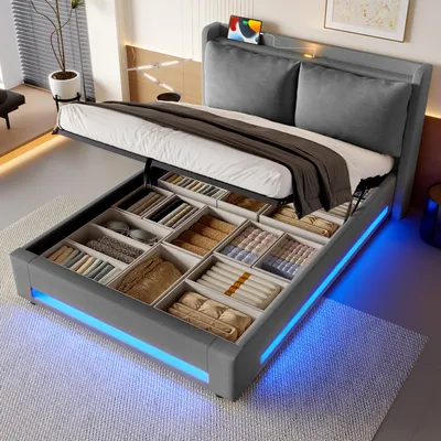 Produktbild von LVHOM Polsterbett 140x200cm mit LED und Nachtlicht, Doppelbett mit Lattenrost und USB, Hydraulisches Boxspringbett mit Stauraum, Jugendbett Samt, Grau