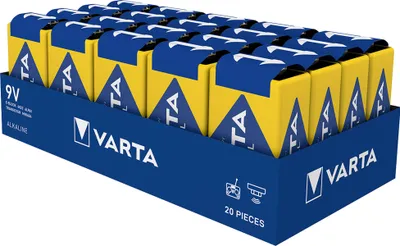 A tray of Varta 9V alkaline batteries.