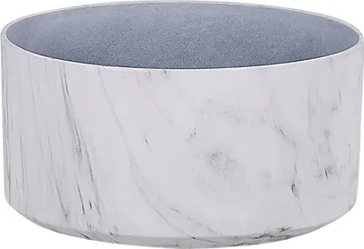 A close-up, straight-on view of a marble-patterned planter pot.