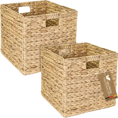Produktbild von HMF Aufbewahrungskorb passend für KALLAX Regal, Korb geflochten aus Wasserhyazinthe mit Griffen, 2er Set, 32 x 34,5 x 32 cm, Natur