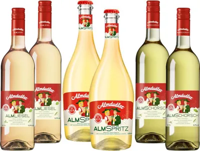 Produktbild von Set Almdudler je 2 Fl. Almliesel Almspritz Almschorsch Wein Secco 4,5-6% Vol. 6 Flaschen
