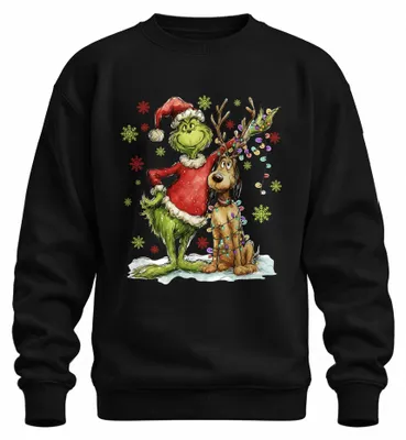 Produktbild von Grinch Weihnachten Hund Rentier Lichterkette Schneeflocken Sweatshirt Pullover, Schwarz, XL