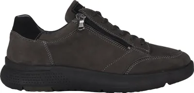 A side view of a gray sneaker with a black sole and a zipper.