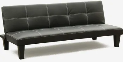 A black faux leather sofa bed with white stitching is shown against a white background.
