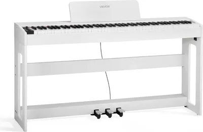 A white digital piano with 88 keys on a white stand with three pedals.
