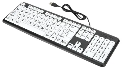 Obrázek produktu pro Černá klávesnice určená pro osoby se zrakovým postižením, s USB kabelem, vhodná pro seniory, s velkými bílými tlačítky, rozložení kláves QWERTY (americké)