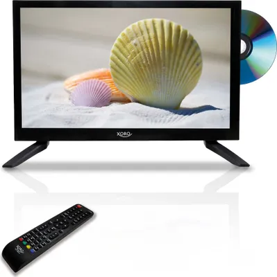 A black LED TV with a DVD player and a remote control.