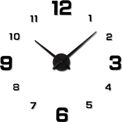 A close-up of a black 3D wall clock with black numbers and black hands on a white background.