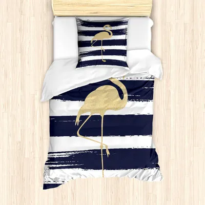 Produktbild von ABAKUHAUS Flamingo Bettbezug Set, Süße Golden Yellow Flamingo Design-Thema mit Brushstroke Hintergrund, 135 x 200 cm + 80 x 80 cm, Dark Blue Senf Weiß