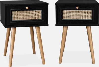 Immagine prodotto di Set 2 comodini effetto legno e cannage, Nero