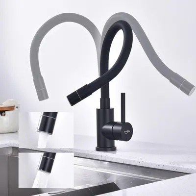 Immagine prodotto di Miscelatore per cucina, miscelatore per lavello, rotazione a 360°, flessibile, 2 tipi di getto, acciaio inossidabile, nero opaco