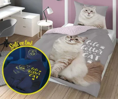 Obrázek produktu pro DETEXPOL Povlečení Kočka life svítící Bavlna, 140/200, 70/80 cm