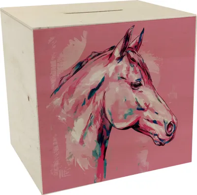 Produktbild von Pferdekopf im Aquarellstil Spardose aus Holz - Kunstvolle Sparbüchse für