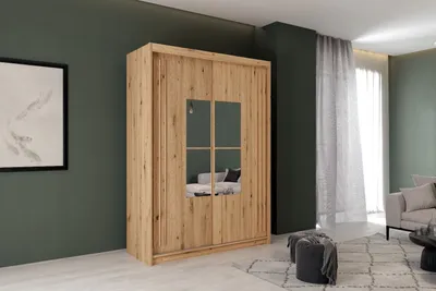 Produktbild von Kleiderschrank JAMAJKA 150 cm Schiebetürenschrank mit Spiegel Wotan + Wotan Lamellen